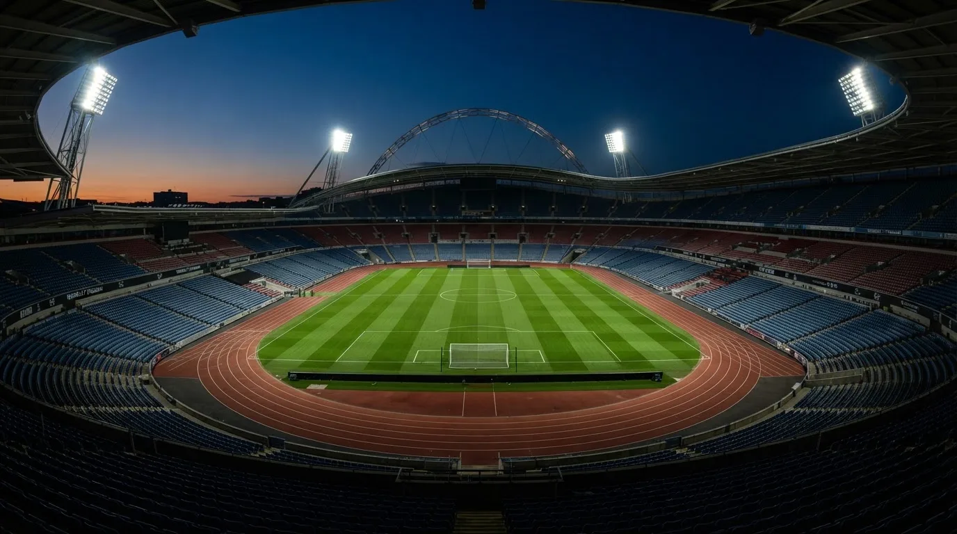 An empty football stadium with floodlight masts at dusk