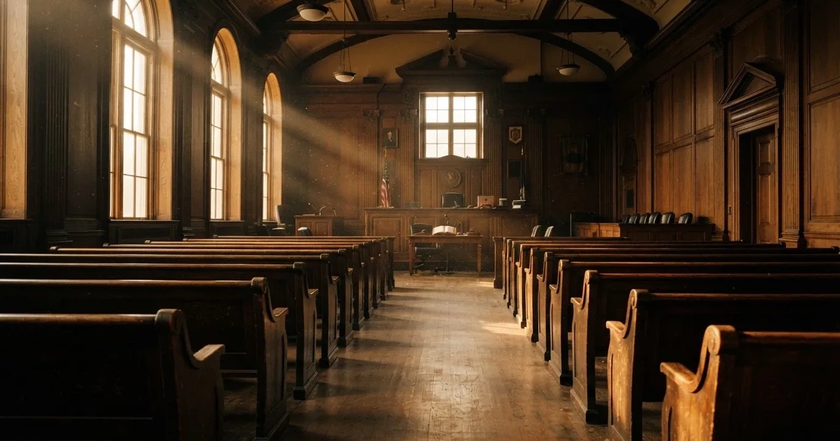An empty courtroom with wooden benches in morning light