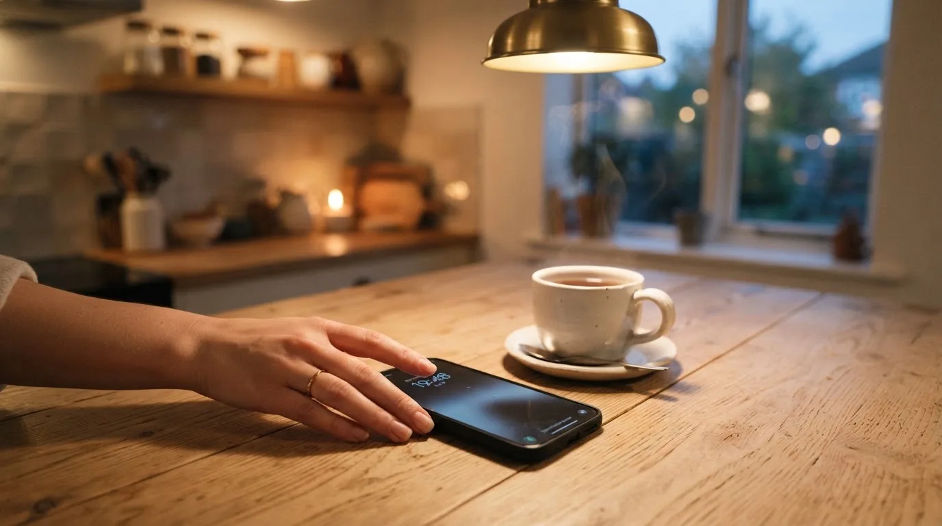 A hand setting a smartphone down beside a cup of tea on a kitchen table on a quiet evening