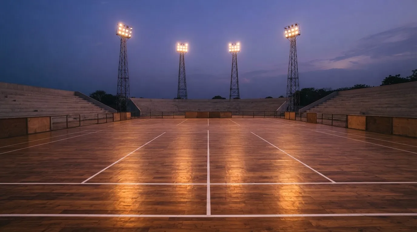 An empty football stadium with floodlight masts at dusk