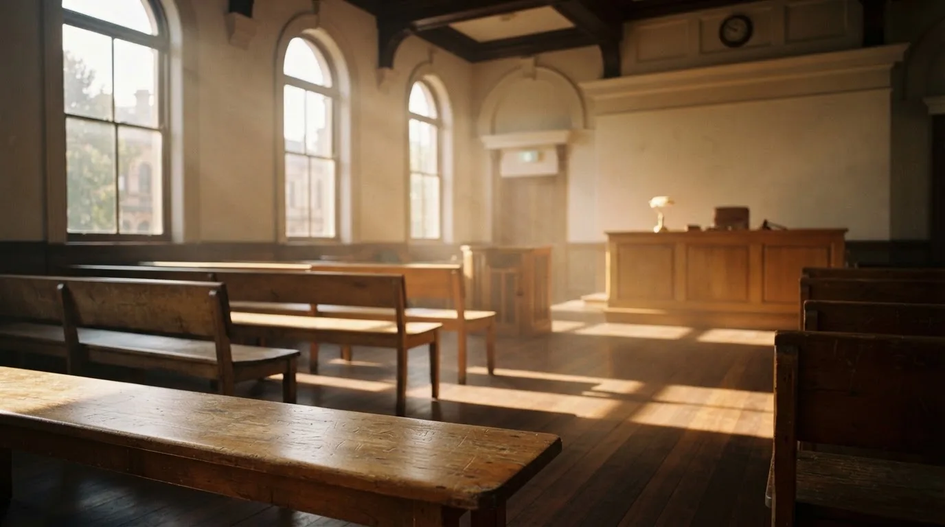 An empty courtroom with wooden benches in morning light