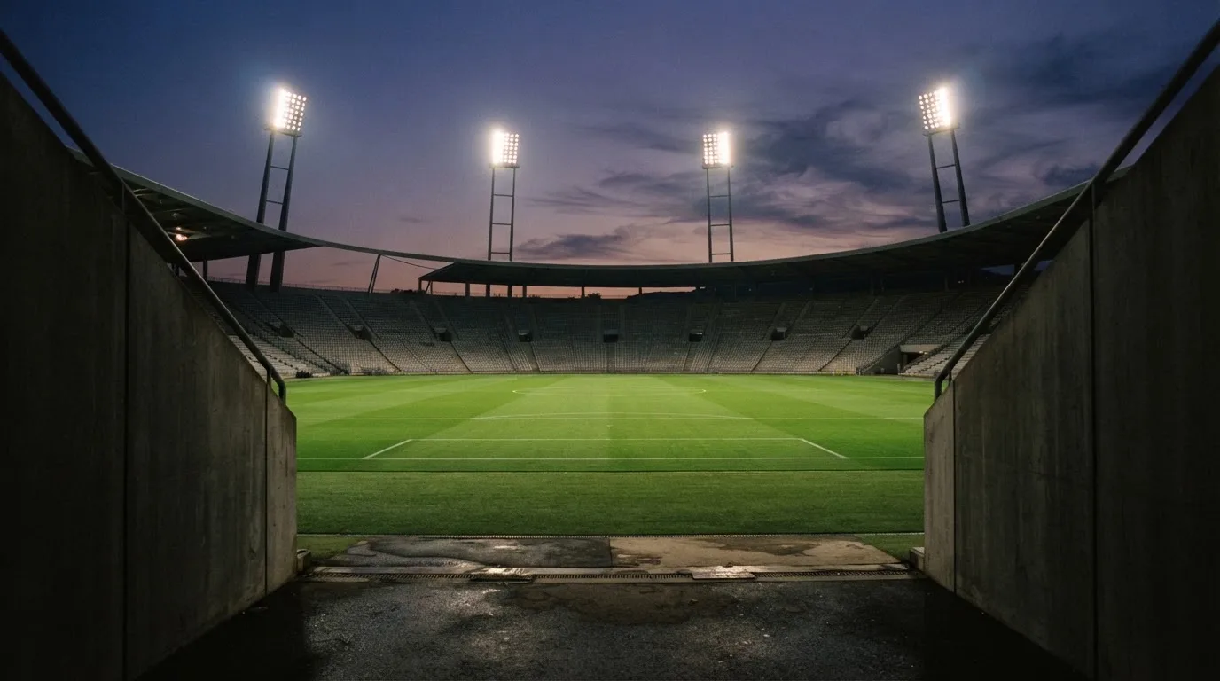 An empty football stadium with floodlight masts at dusk
