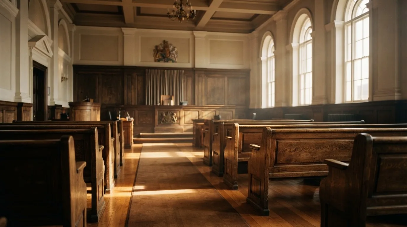 An empty courtroom with wooden benches in morning light