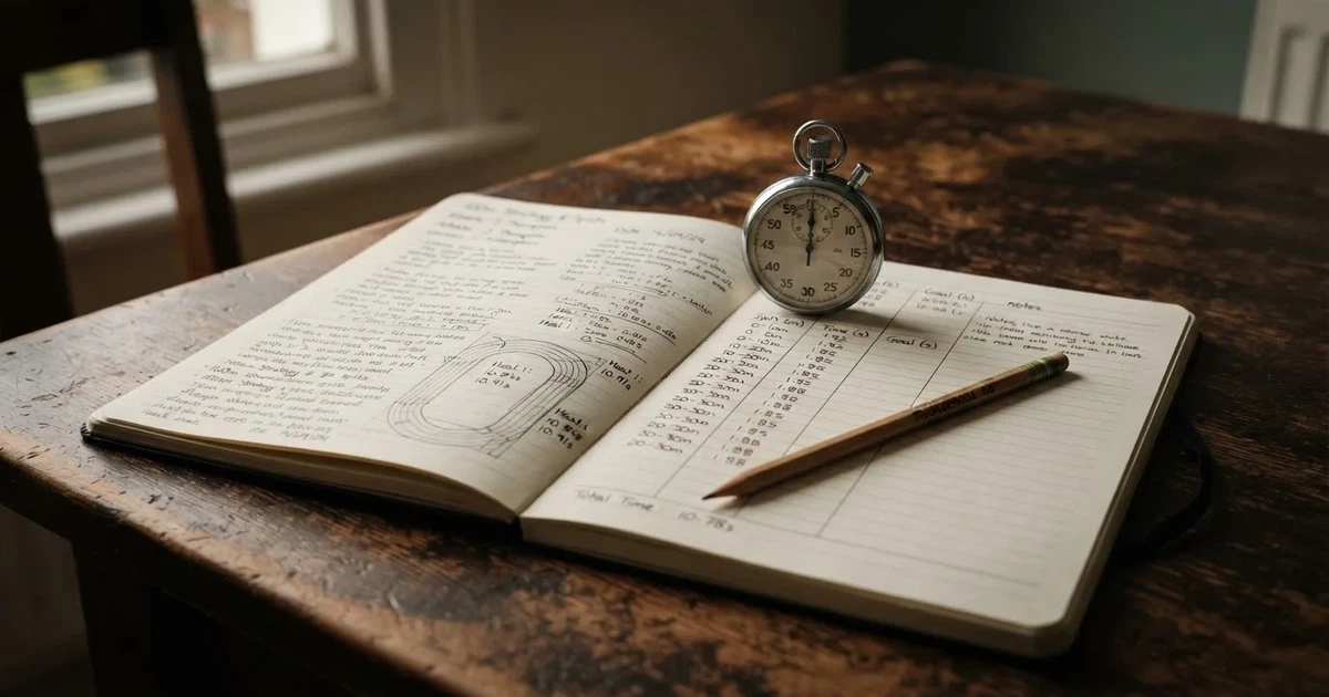 An open notebook with a pencil and a stopwatch on a wooden table