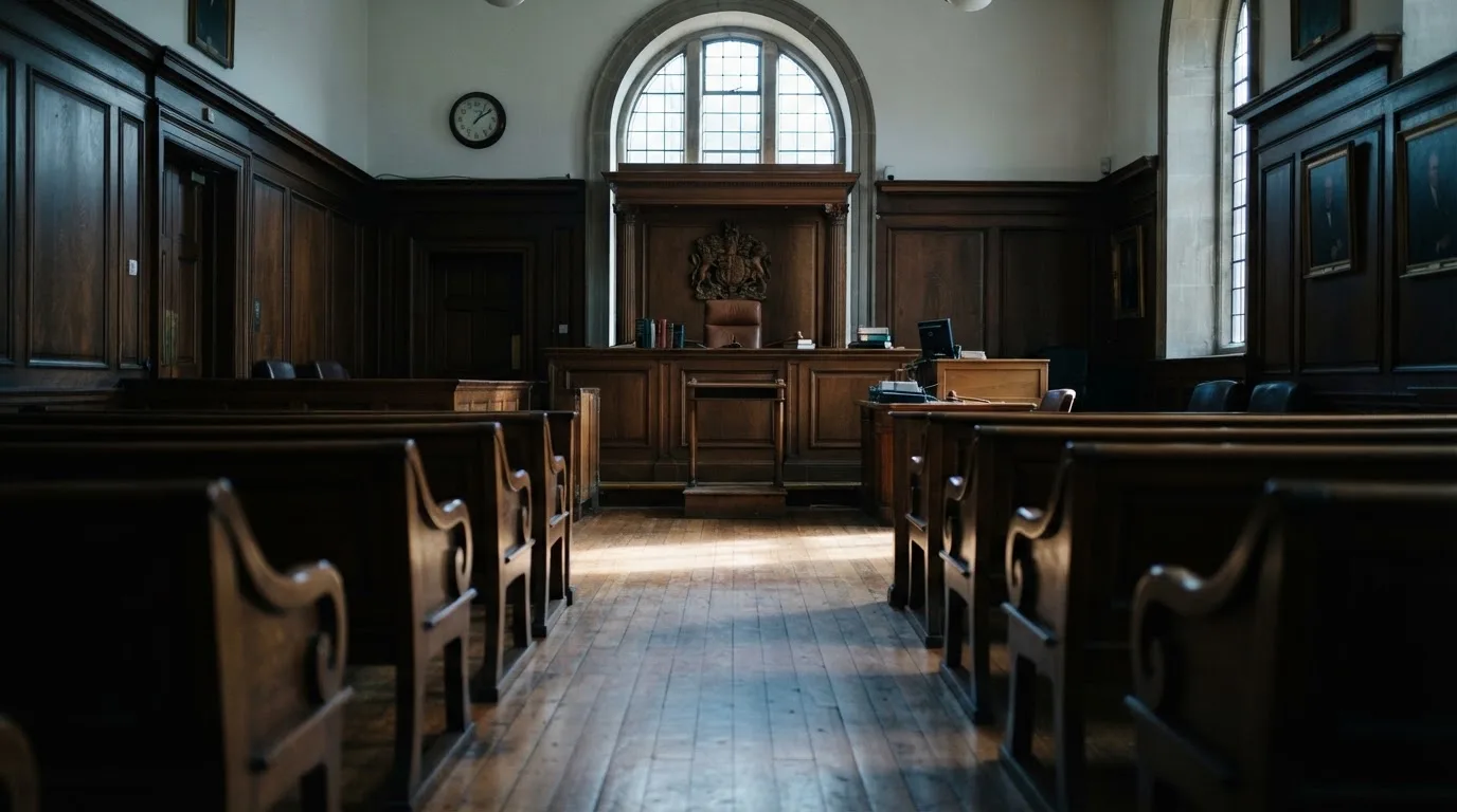 An empty courtroom with wooden benches in morning light