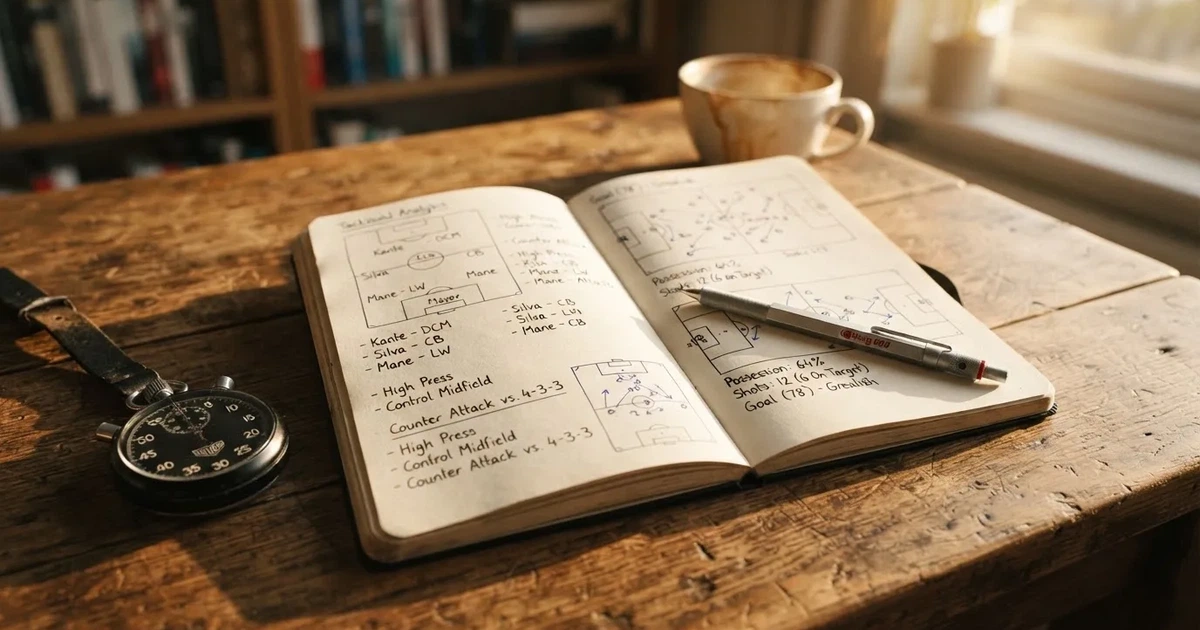 An open notebook with a pencil and a stopwatch on a wooden table
