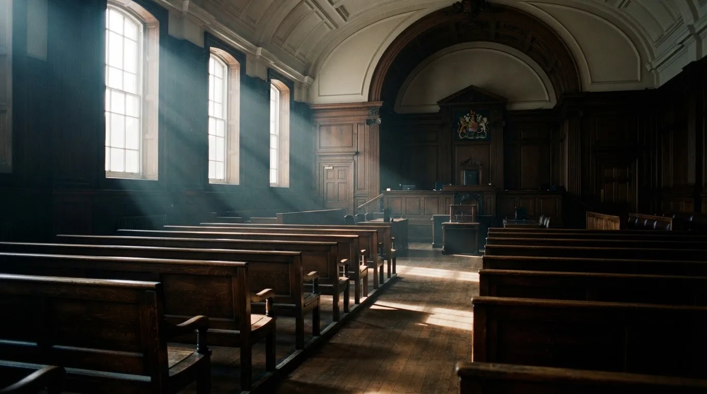 An empty courtroom with wooden benches in morning light