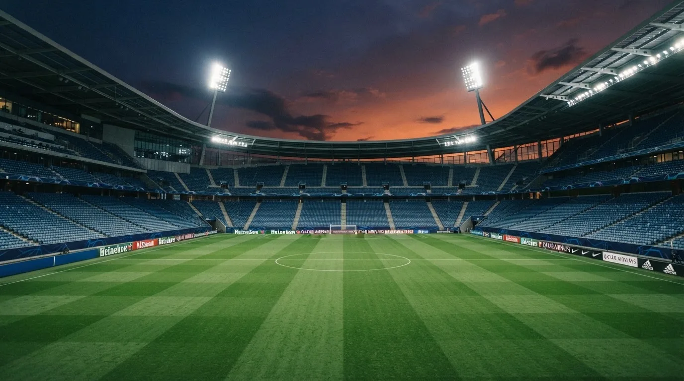 An empty football stadium with floodlight masts at dusk