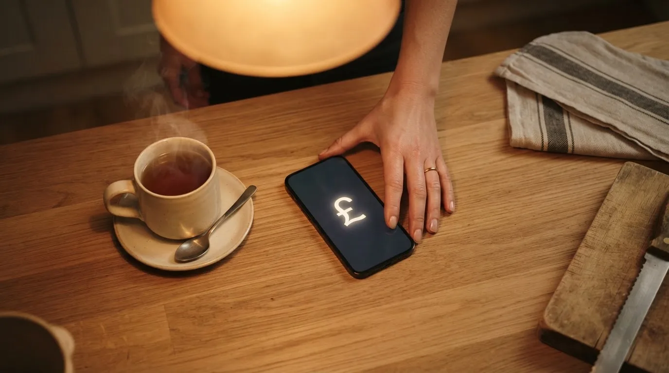 A hand setting a smartphone down beside a cup of tea on a kitchen table on a quiet evening