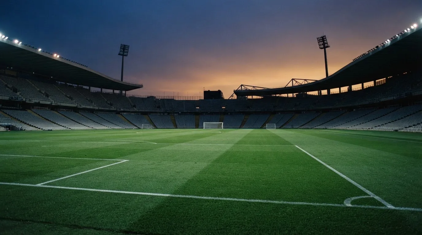 An empty football stadium with floodlight masts at dusk
