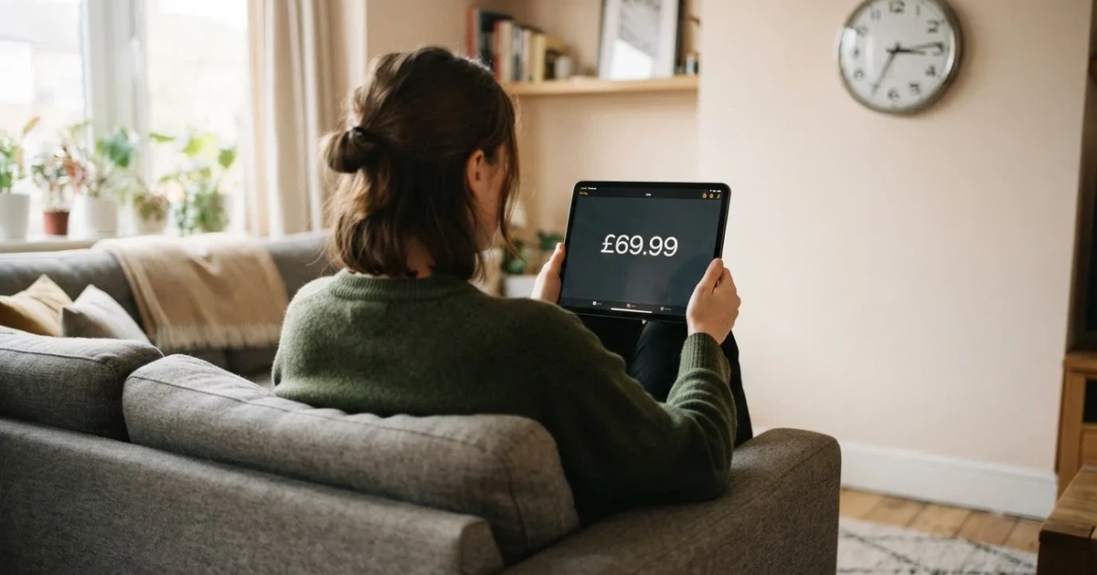A person on a sofa looking thoughtfully at a tablet, a wall clock in the background
