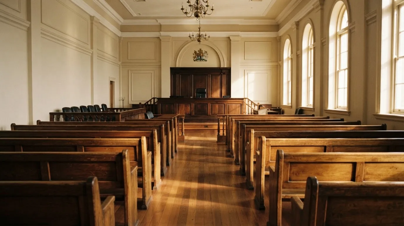 An empty courtroom with wooden benches in morning light