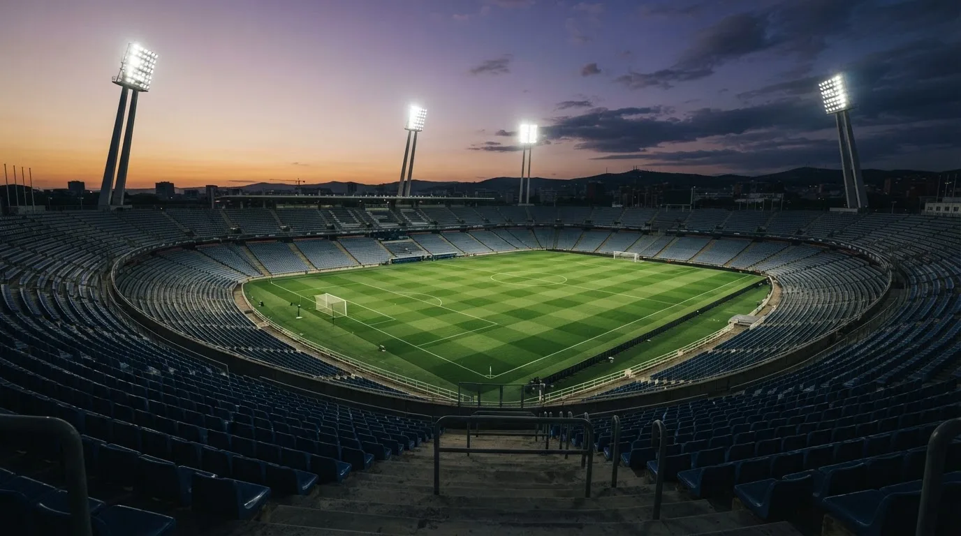 An empty football stadium with floodlight masts at dusk