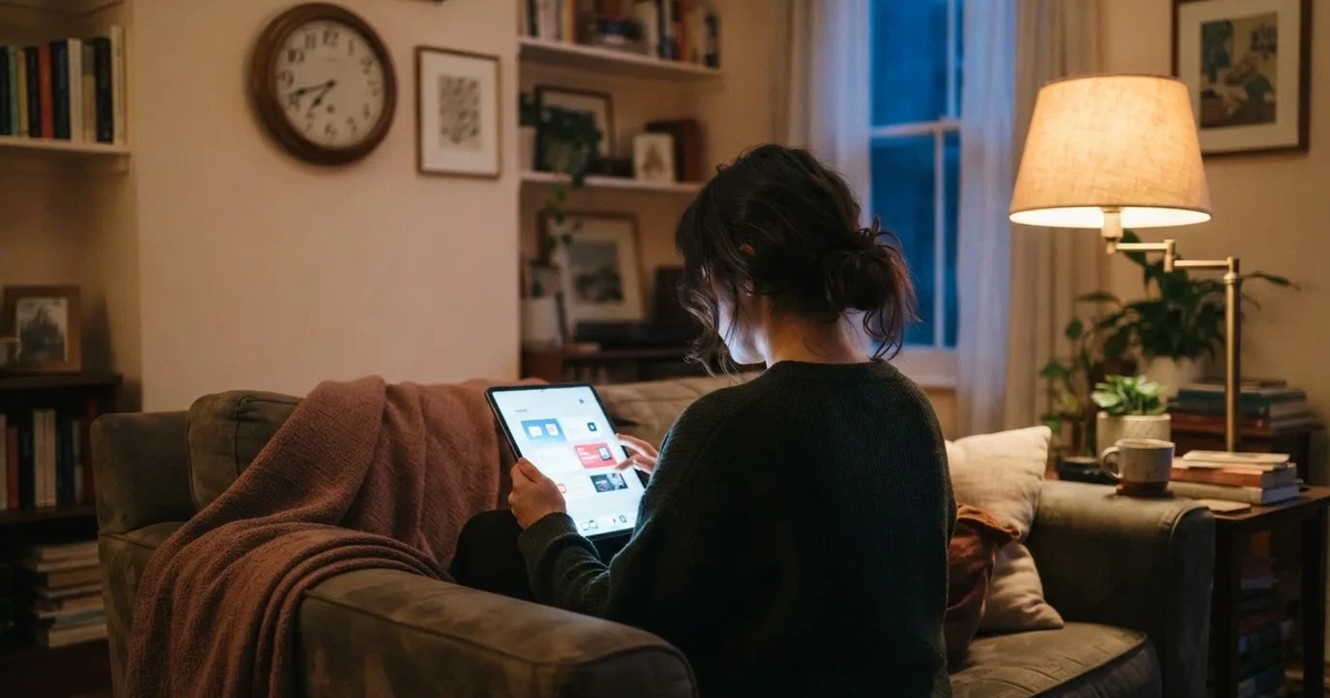 A person on a sofa looking thoughtfully at a tablet, a wall clock in the background