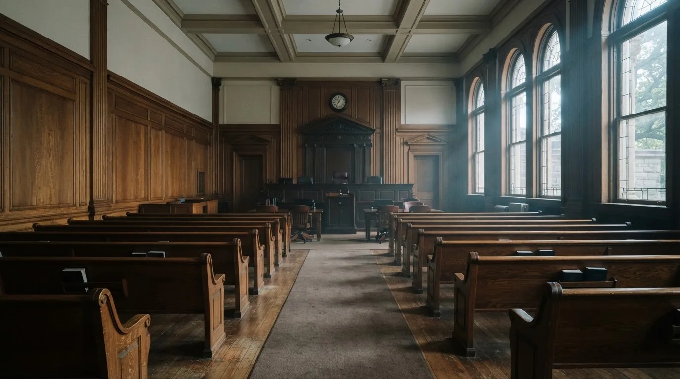 An empty courtroom with wooden benches in morning light
