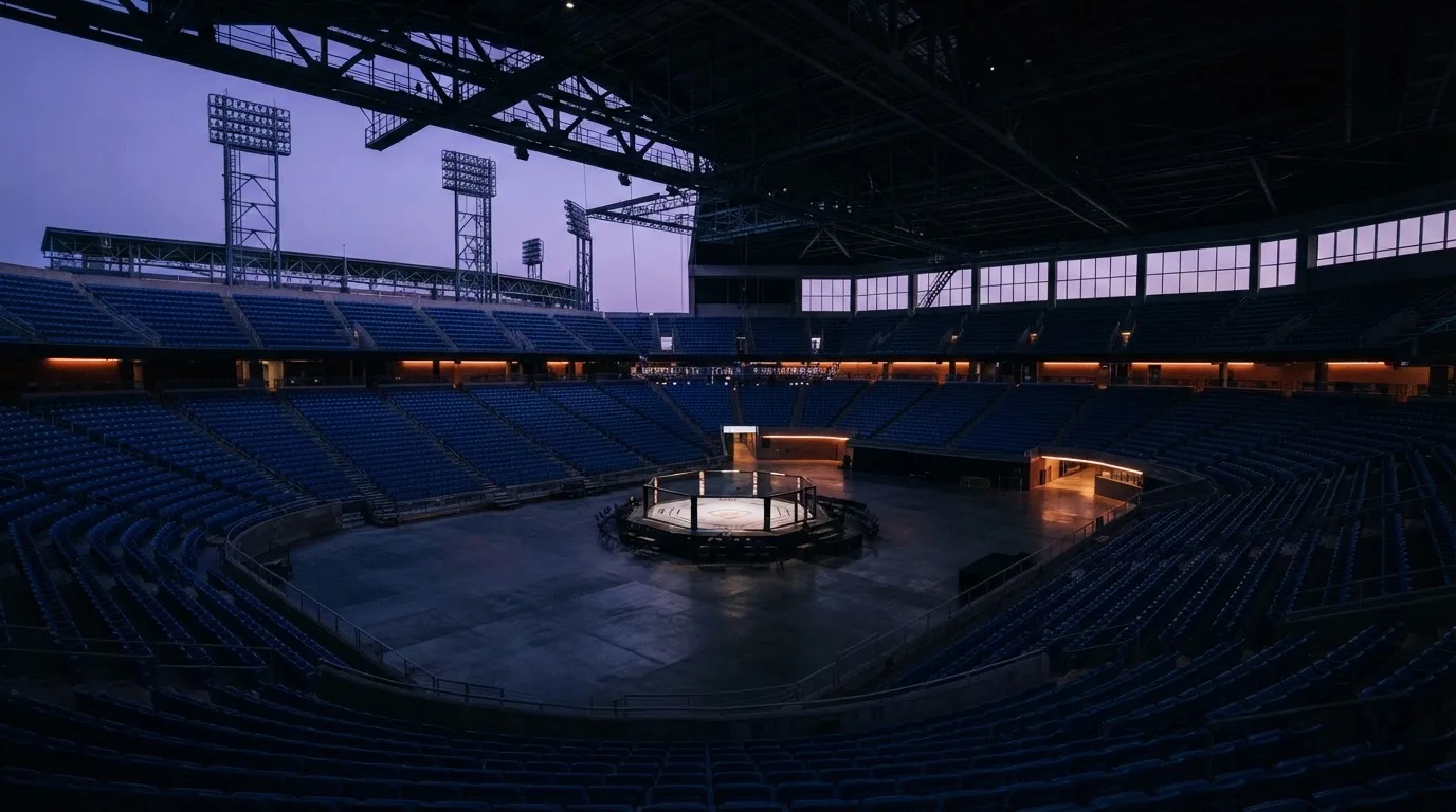 An empty football stadium with floodlight masts at dusk