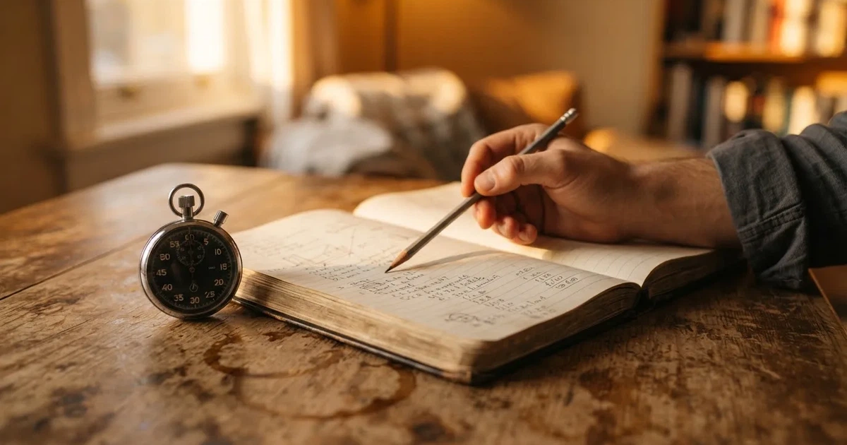 An open notebook with a pencil and a stopwatch on a wooden table