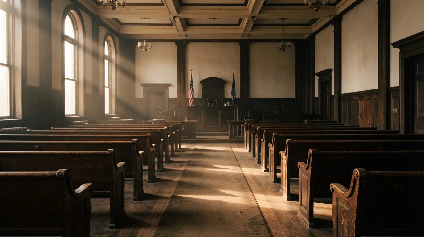 An empty courtroom with wooden benches in morning light