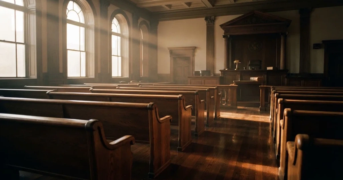An empty courtroom with wooden benches in morning light