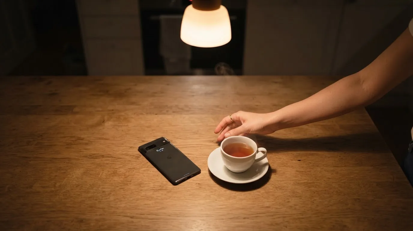 A hand setting a smartphone down beside a cup of tea on a kitchen table on a quiet evening