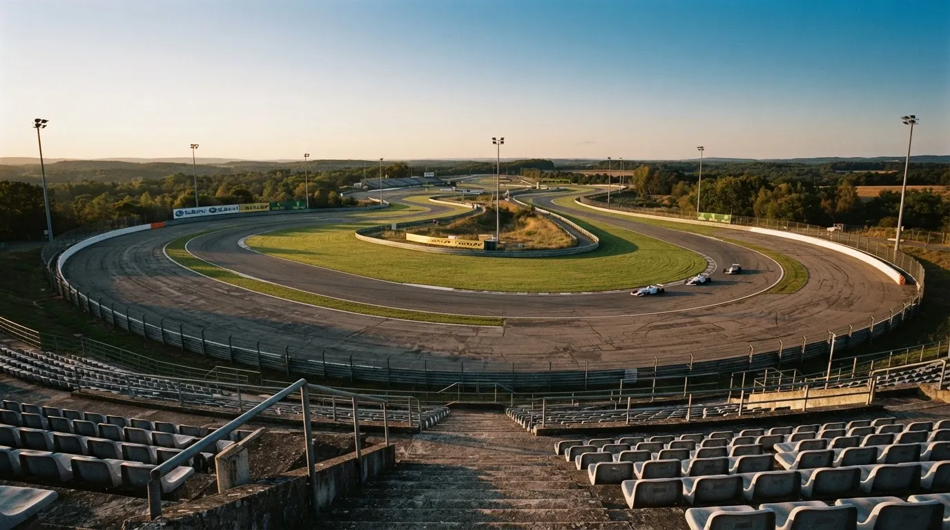 An empty football stadium with floodlight masts at dusk