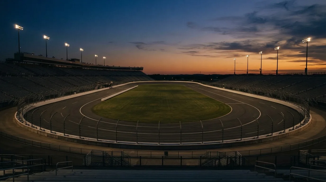 An empty football stadium with floodlight masts at dusk