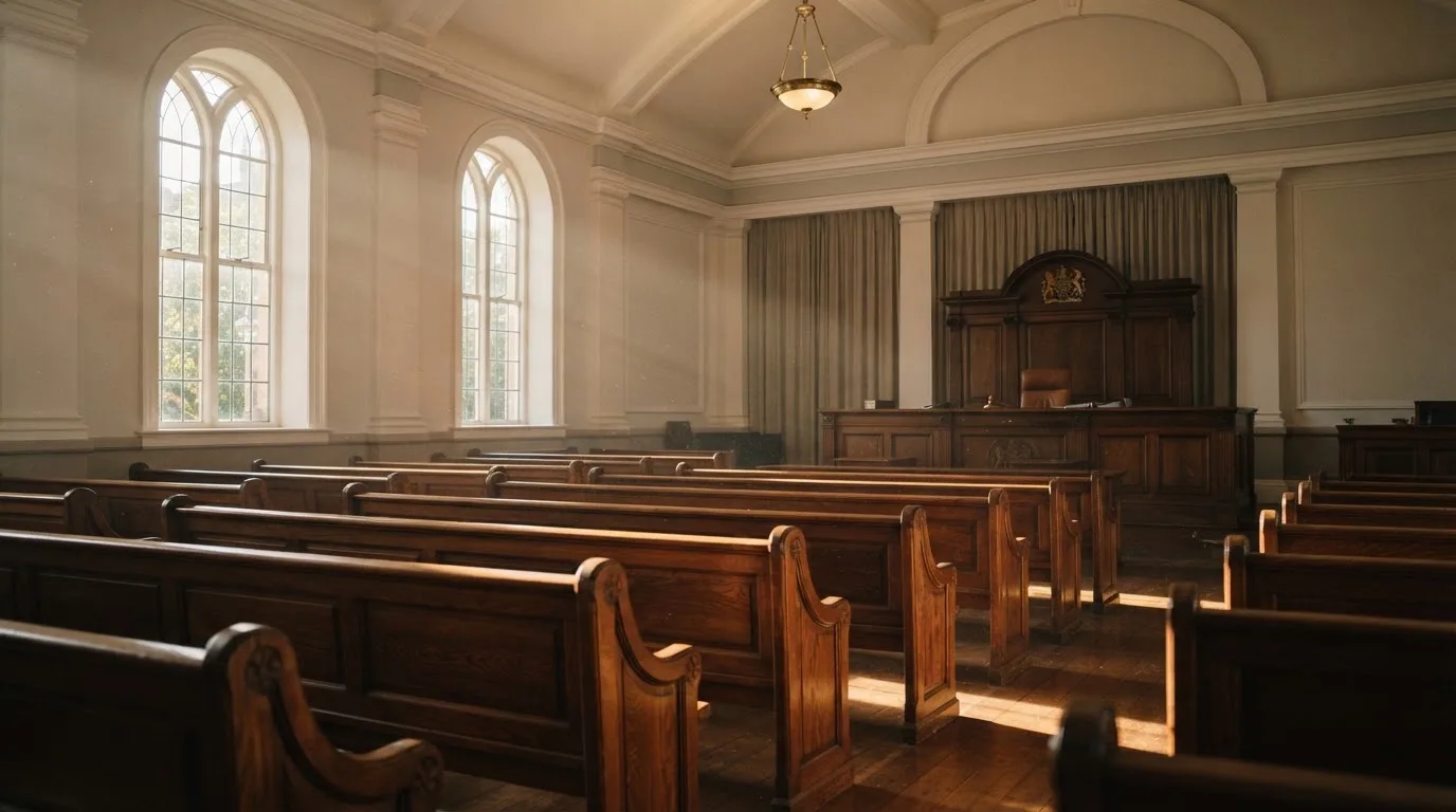 An empty courtroom with wooden benches in morning light