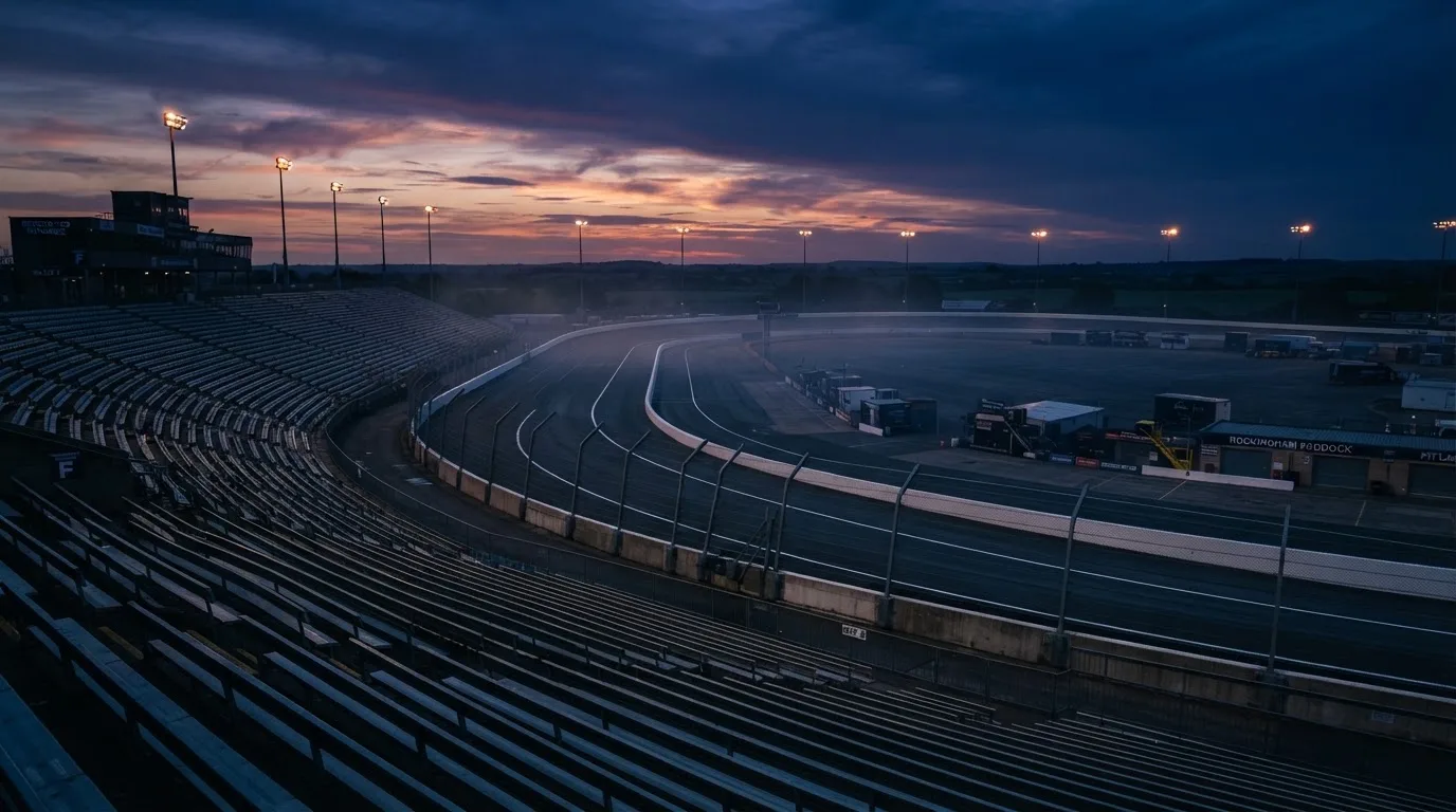 An empty football stadium with floodlight masts at dusk