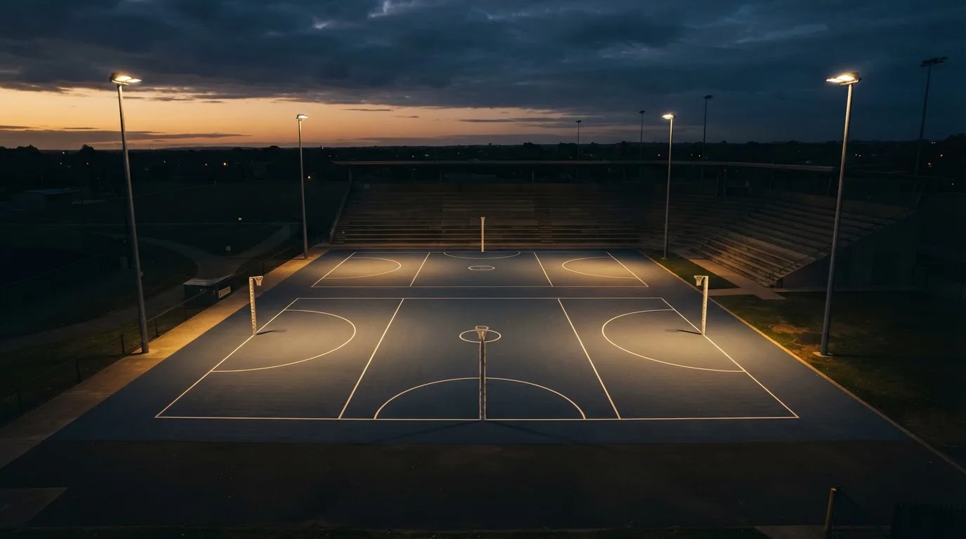 An empty football stadium with floodlight masts at dusk