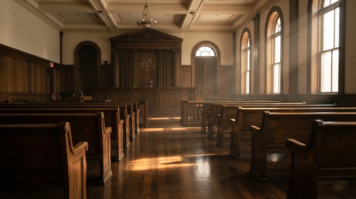 An empty courtroom with wooden benches in morning light
