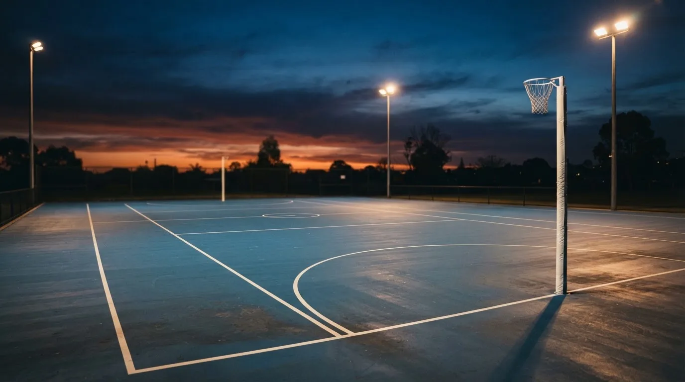 An empty football stadium with floodlight masts at dusk