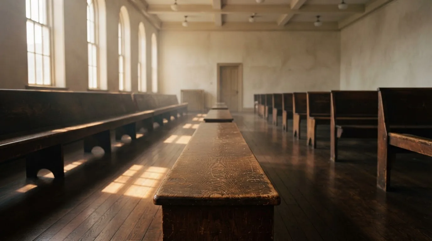 An empty courtroom with wooden benches in morning light