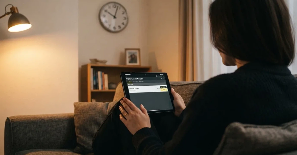 A person on a sofa looking thoughtfully at a tablet, a wall clock in the background