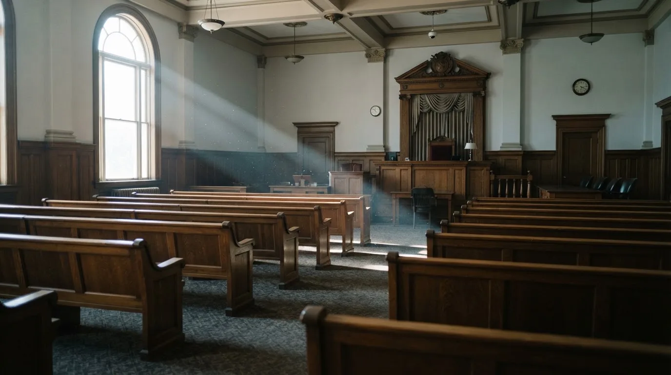 An empty courtroom with wooden benches in morning light