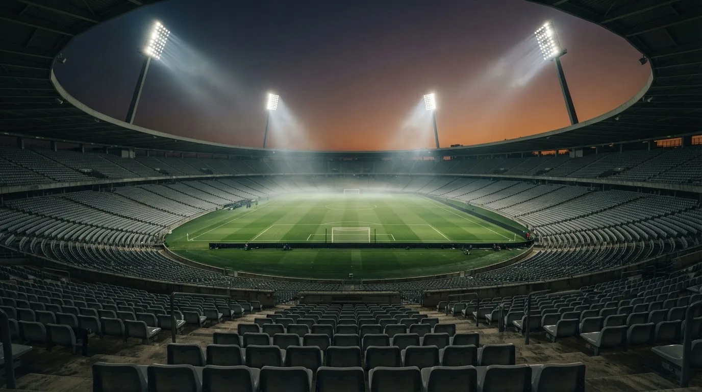 An empty football stadium with floodlight masts at dusk