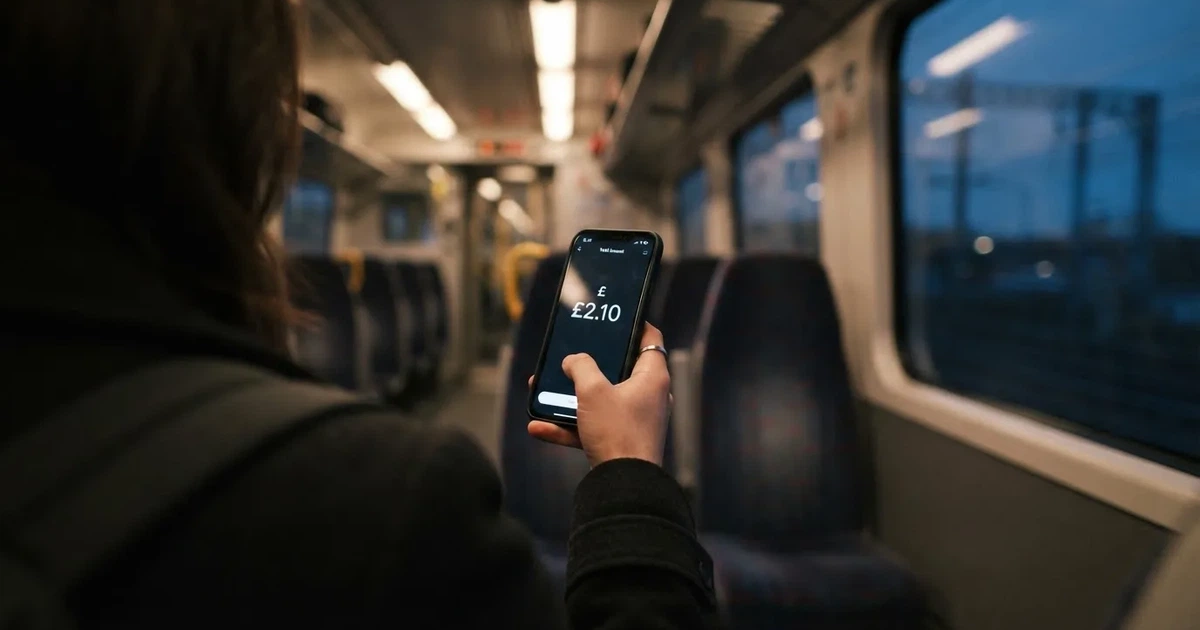 A hand holding a smartphone on a train in the evening, screen turned away