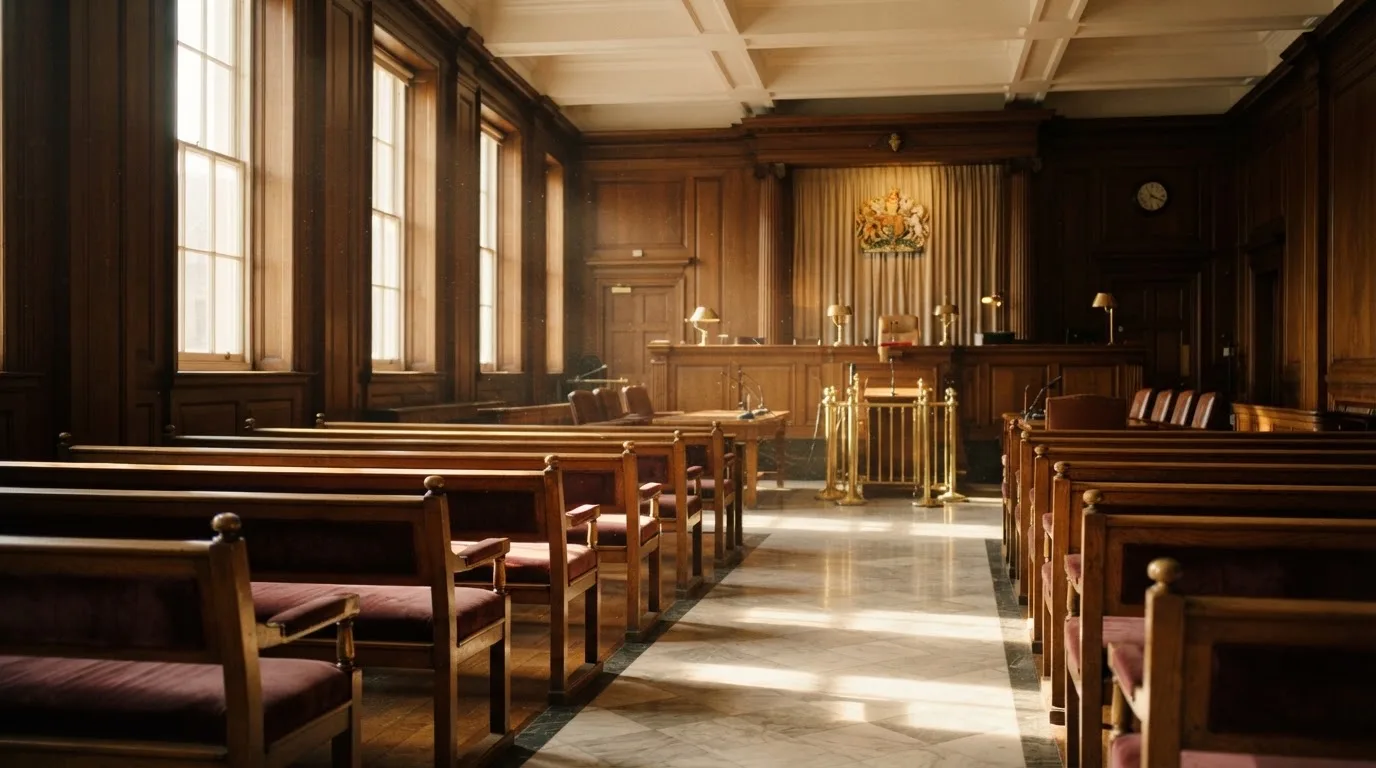 An empty courtroom with wooden benches in morning light