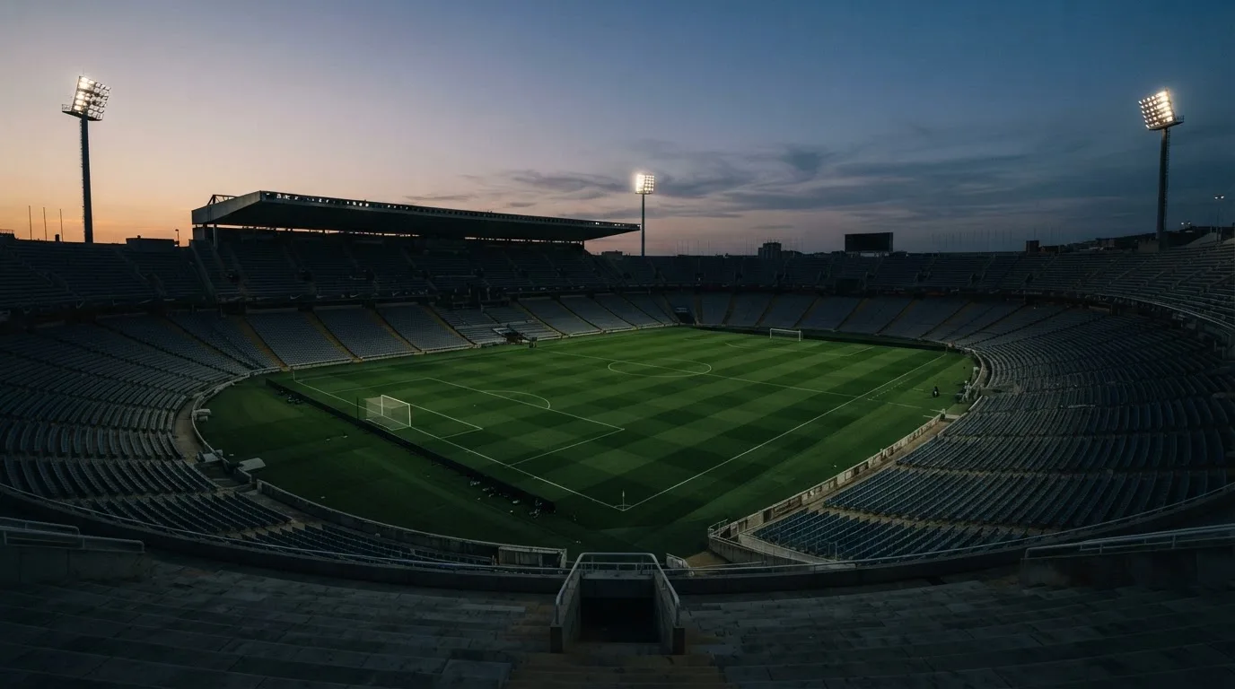 An empty football stadium with floodlight masts at dusk