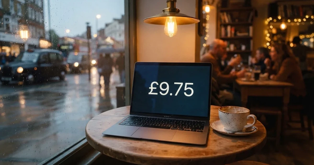 A laptop on a café table by a window onto the street