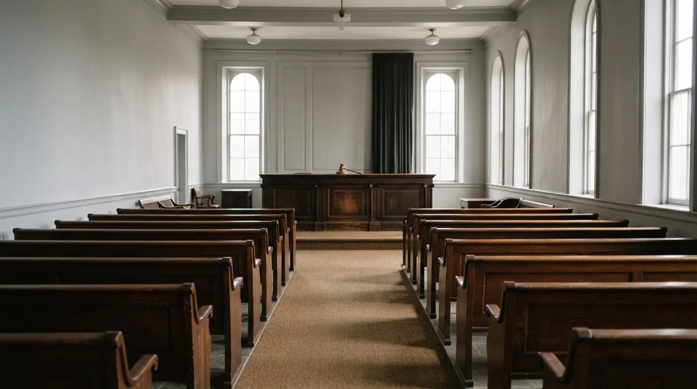 An empty courtroom with wooden benches in morning light
