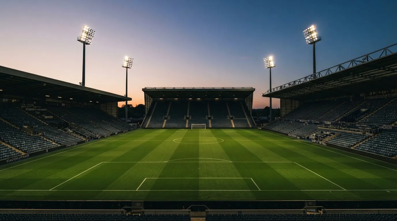 An empty football stadium with floodlight masts at dusk