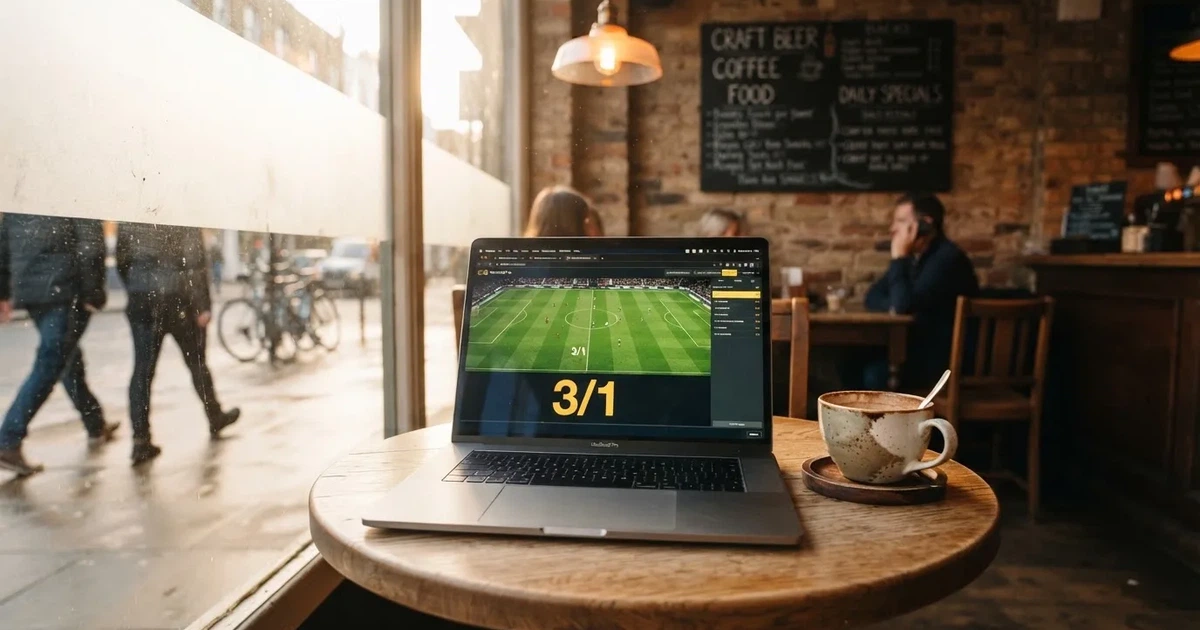 A laptop on a café table by a window onto the street