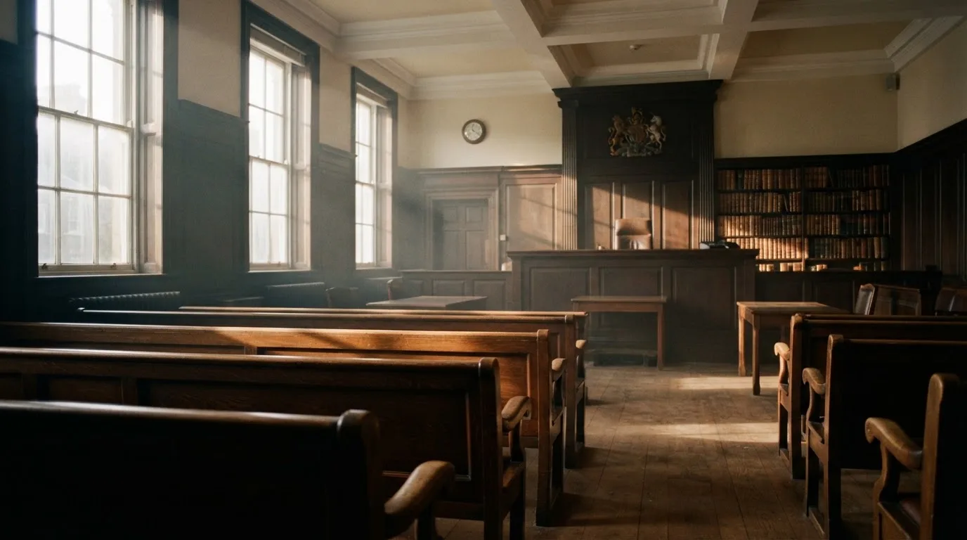 An empty courtroom with wooden benches in morning light