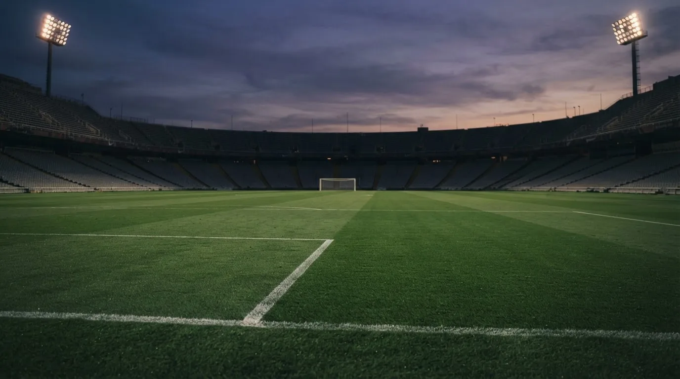 An empty football stadium with floodlight masts at dusk