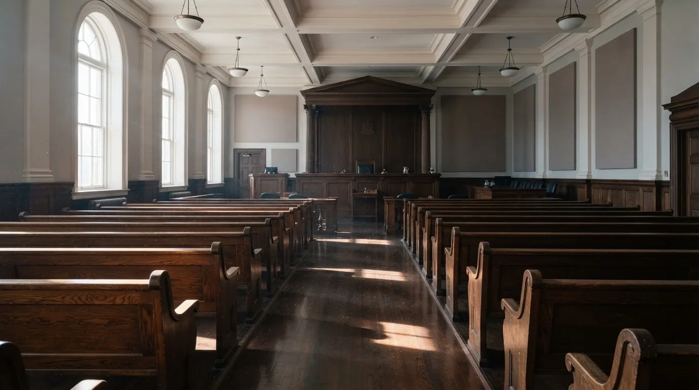 An empty courtroom with wooden benches in morning light