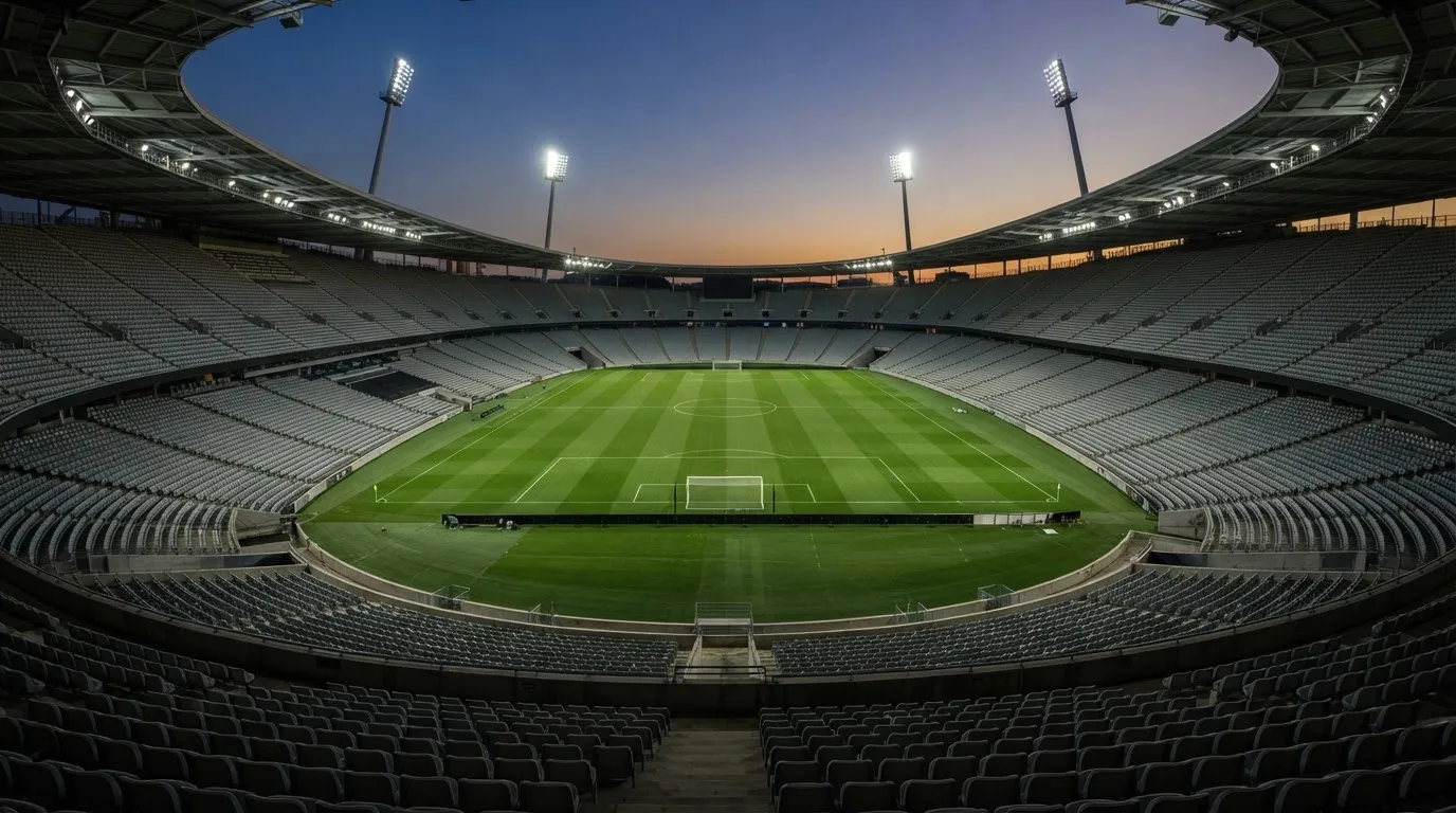 An empty football stadium with floodlight masts at dusk