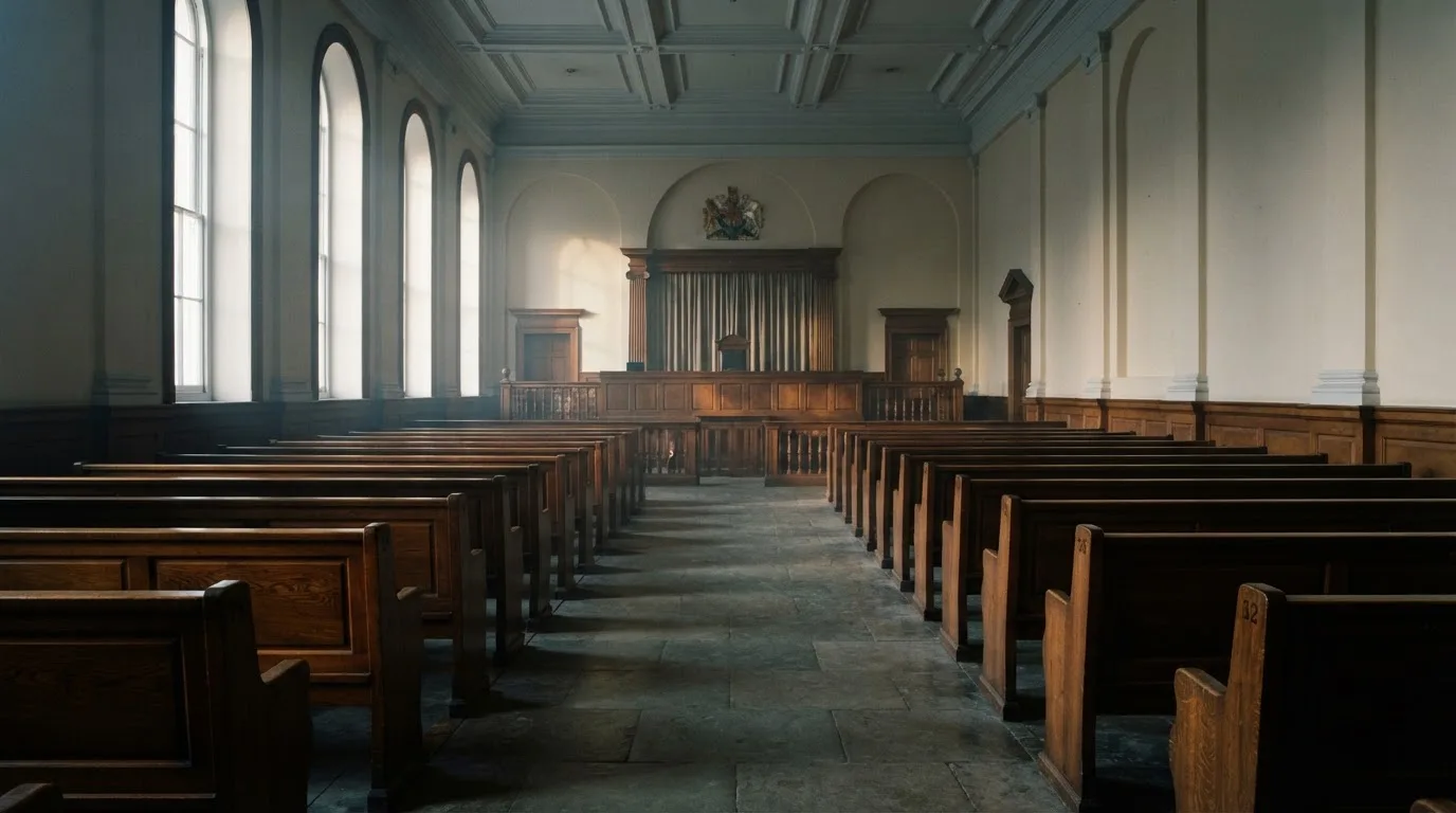 An empty courtroom with wooden benches in morning light