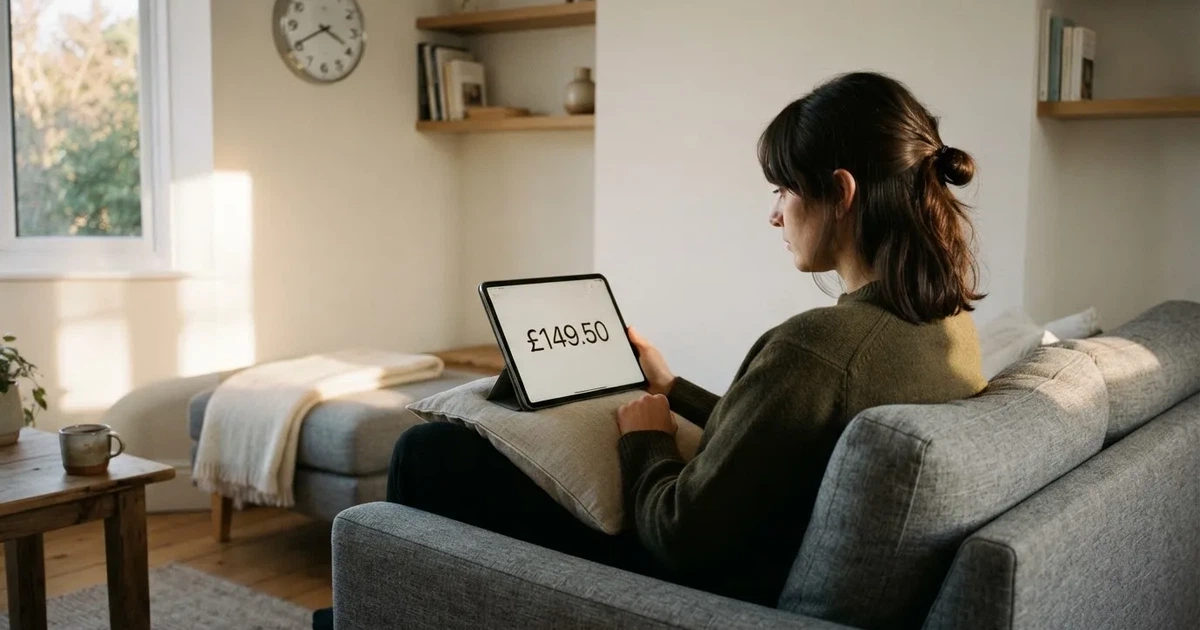 A person on a sofa looking thoughtfully at a tablet, a wall clock in the background