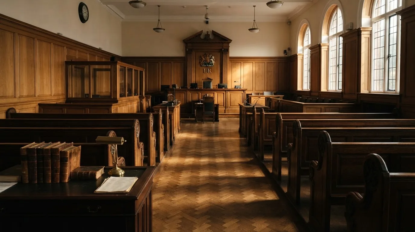 An empty courtroom with wooden benches in morning light