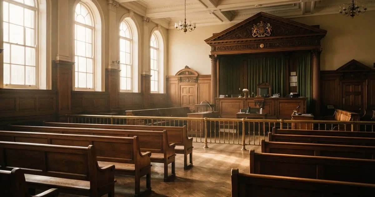 An empty courtroom with wooden benches in morning light